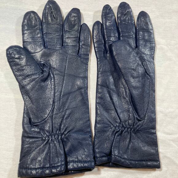 Fownes Women 6.5 Navy Blue Leather Lined  Driving Gloves Minimalist Classic Gift - Picture 3 of 6